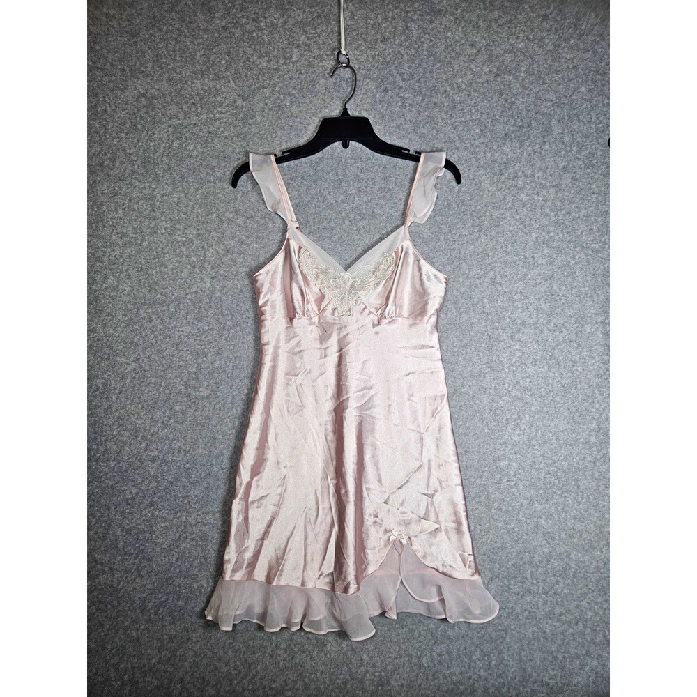 Y2k Fairycore Blush Pink Satin Slip Dress Sz S Lace Trim Ruffle Babydoll Nighty